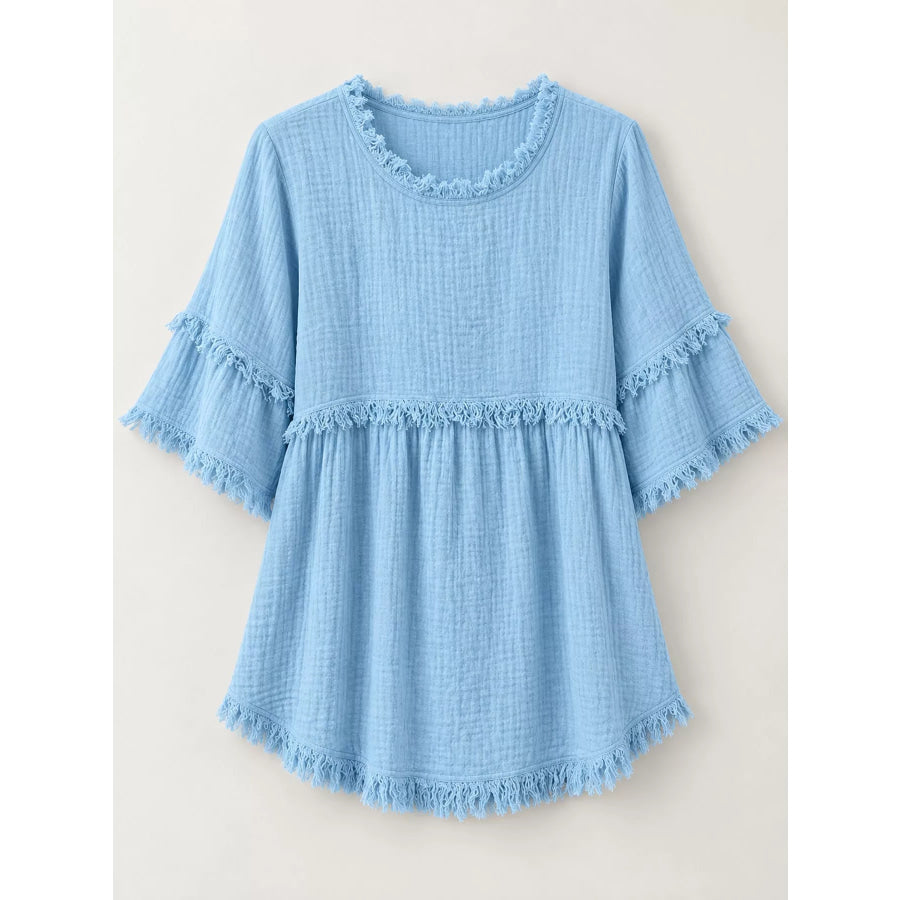 Full Size Frayed Edge Textured Blouse Plus Apparel and Accessories