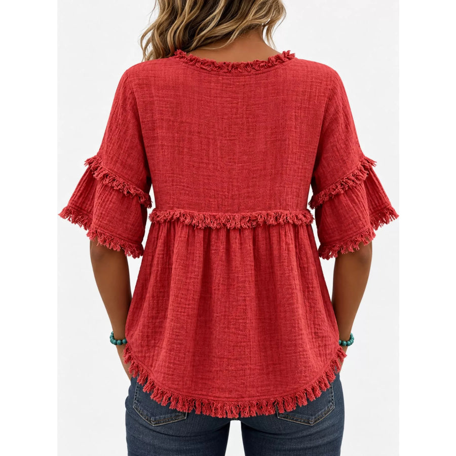 Full Size Frayed Edge Textured Blouse Plus Apparel and Accessories