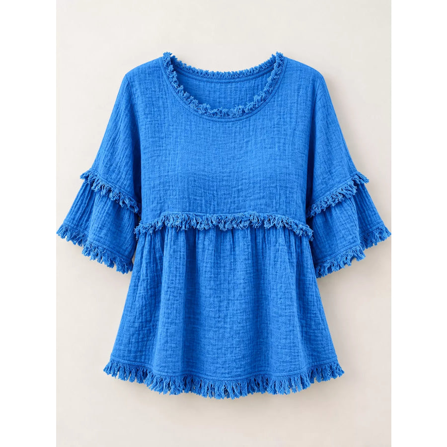 Full Size Frayed Edge Textured Blouse Plus Apparel and Accessories