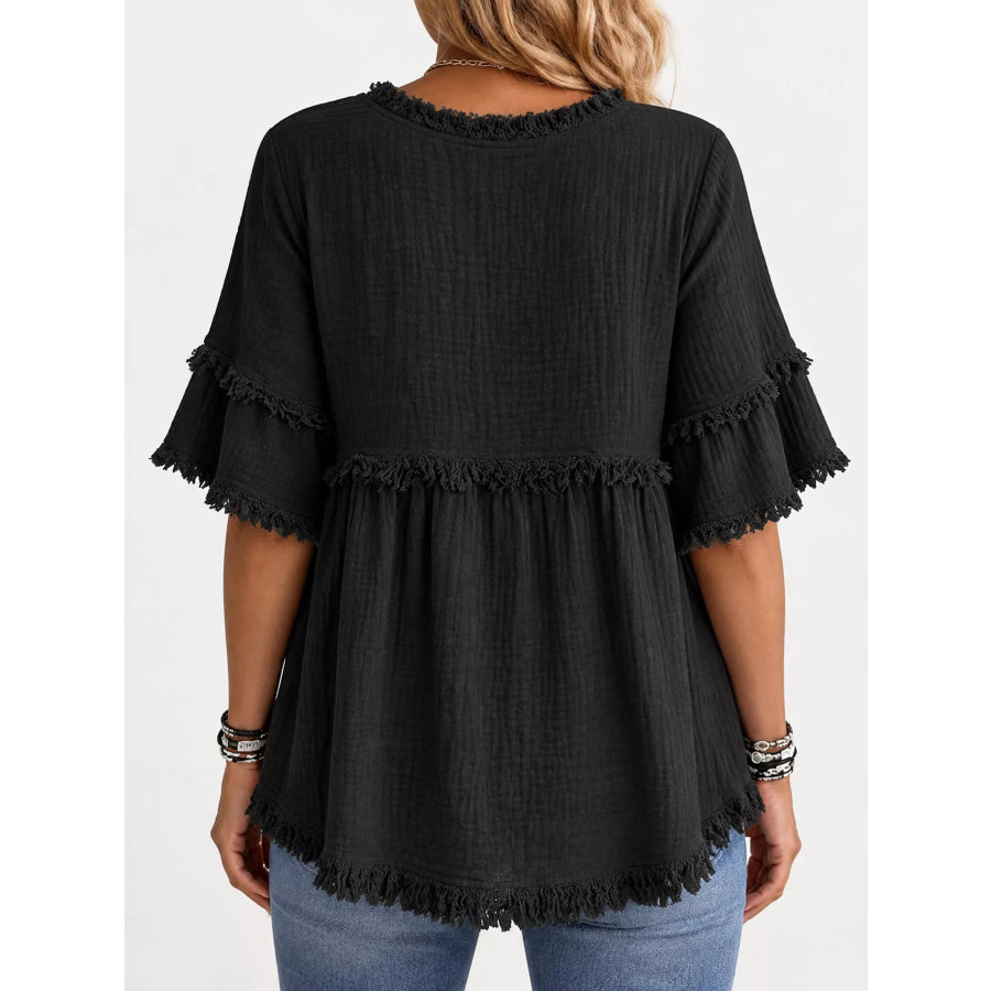 Full Size Frayed Edge Textured Blouse Plus Apparel and Accessories