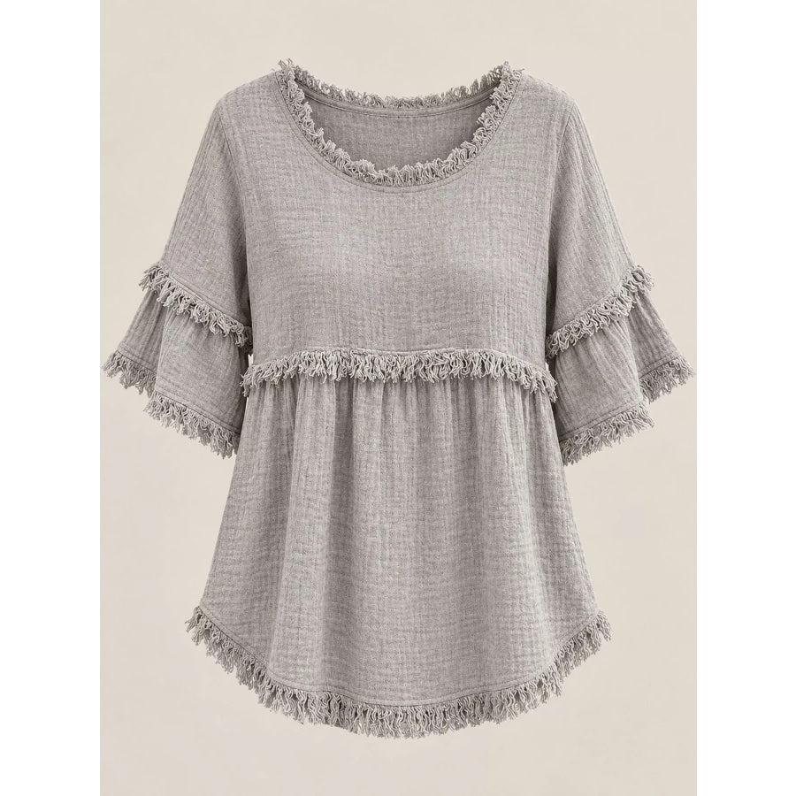 Full Size Frayed Edge Textured Blouse Plus Apparel and Accessories
