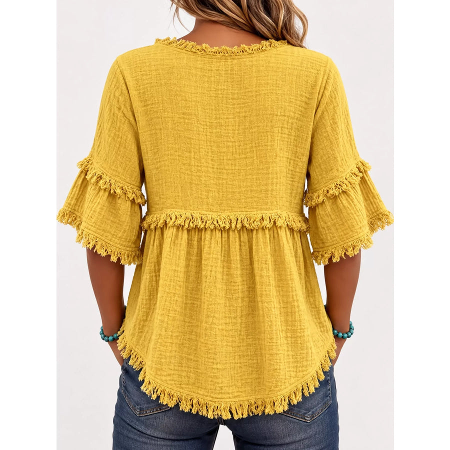 Full Size Frayed Edge Textured Blouse Plus Apparel and Accessories