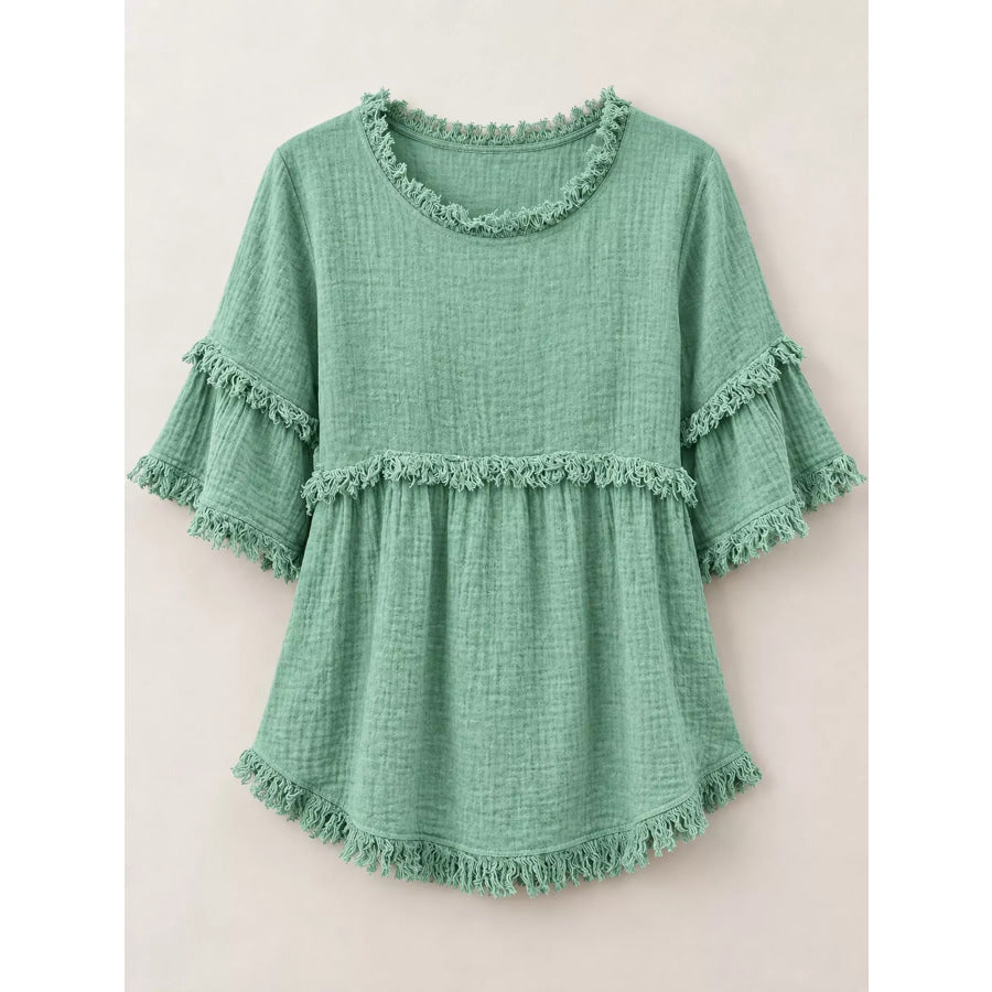 Full Size Frayed Edge Textured Blouse Plus Apparel and Accessories