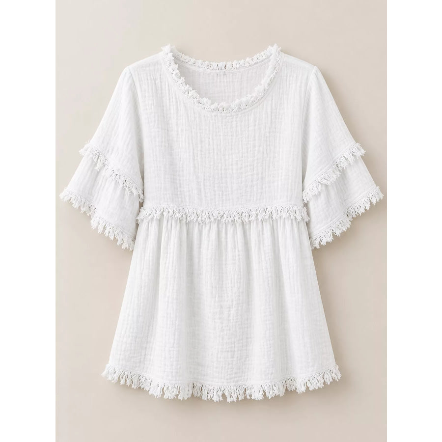 Full Size Frayed Edge Textured Blouse Plus Apparel and Accessories