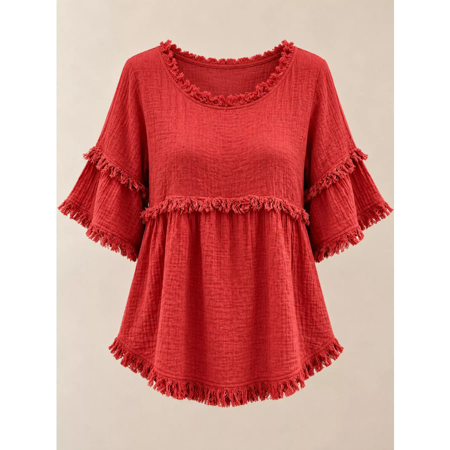 Full Size Frayed Edge Textured Blouse Plus Apparel and Accessories