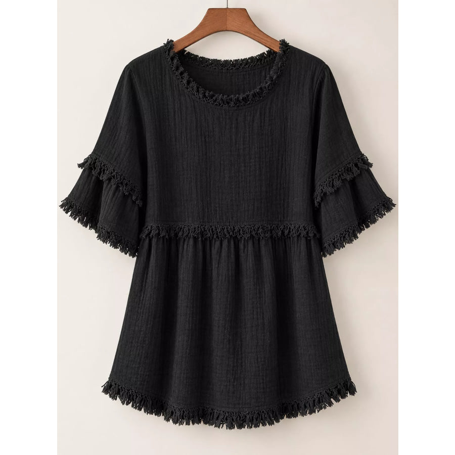 Full Size Frayed Edge Textured Blouse Plus Apparel and Accessories
