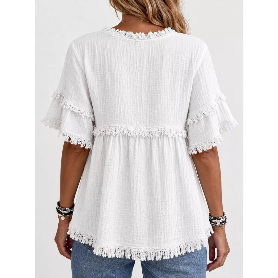Full Size Frayed Edge Textured Blouse Plus Apparel and Accessories