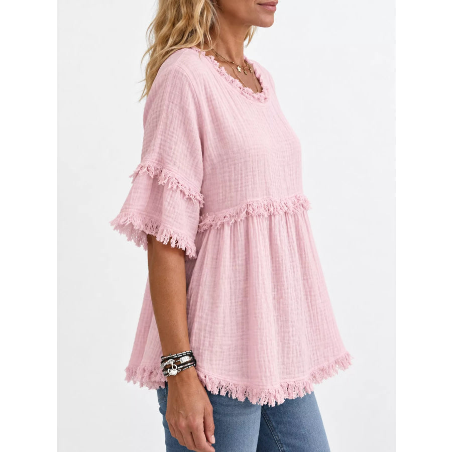 Full Size Frayed Edge Textured Blouse Plus Apparel and Accessories