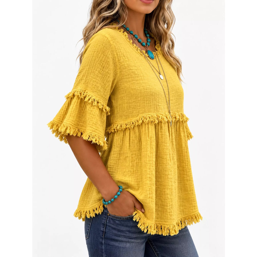Full Size Frayed Edge Textured Blouse Plus Apparel and Accessories