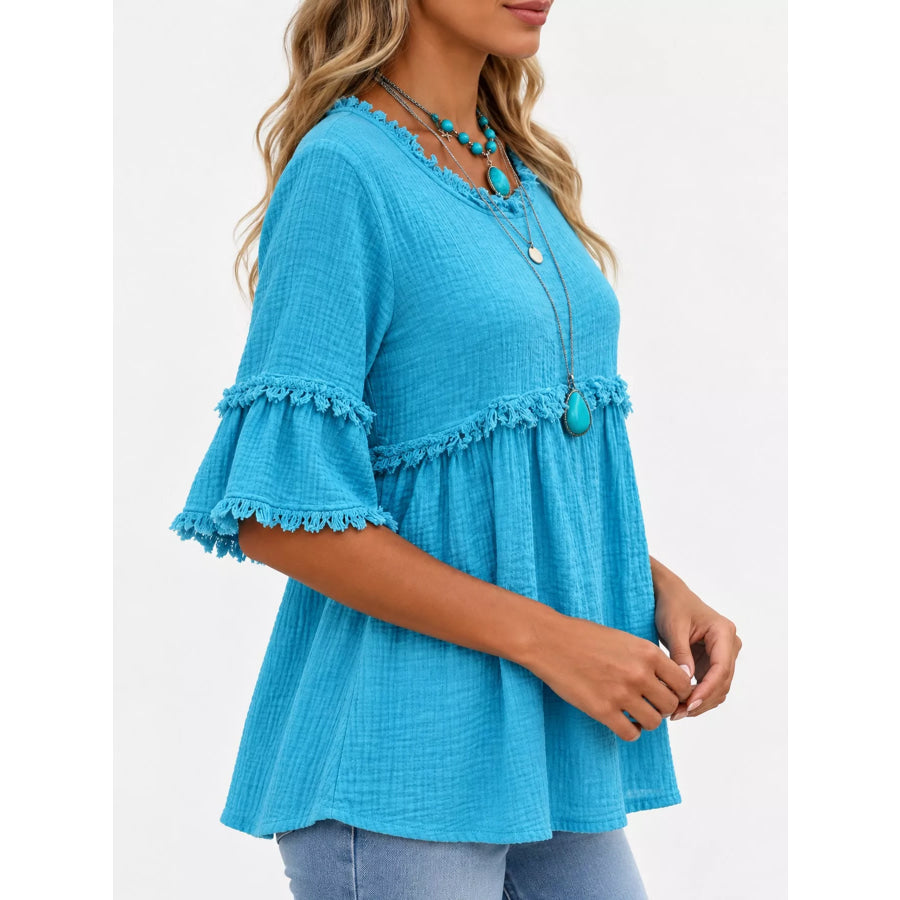 Full Size Frayed Edge Textured Blouse Plus Apparel and Accessories