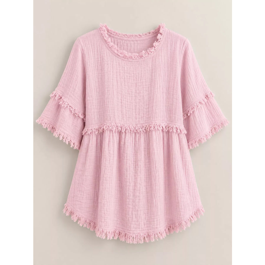 Full Size Frayed Edge Textured Blouse Plus Apparel and Accessories