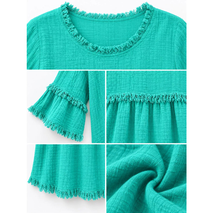 Full Size Frayed Edge Textured Blouse Plus Apparel and Accessories