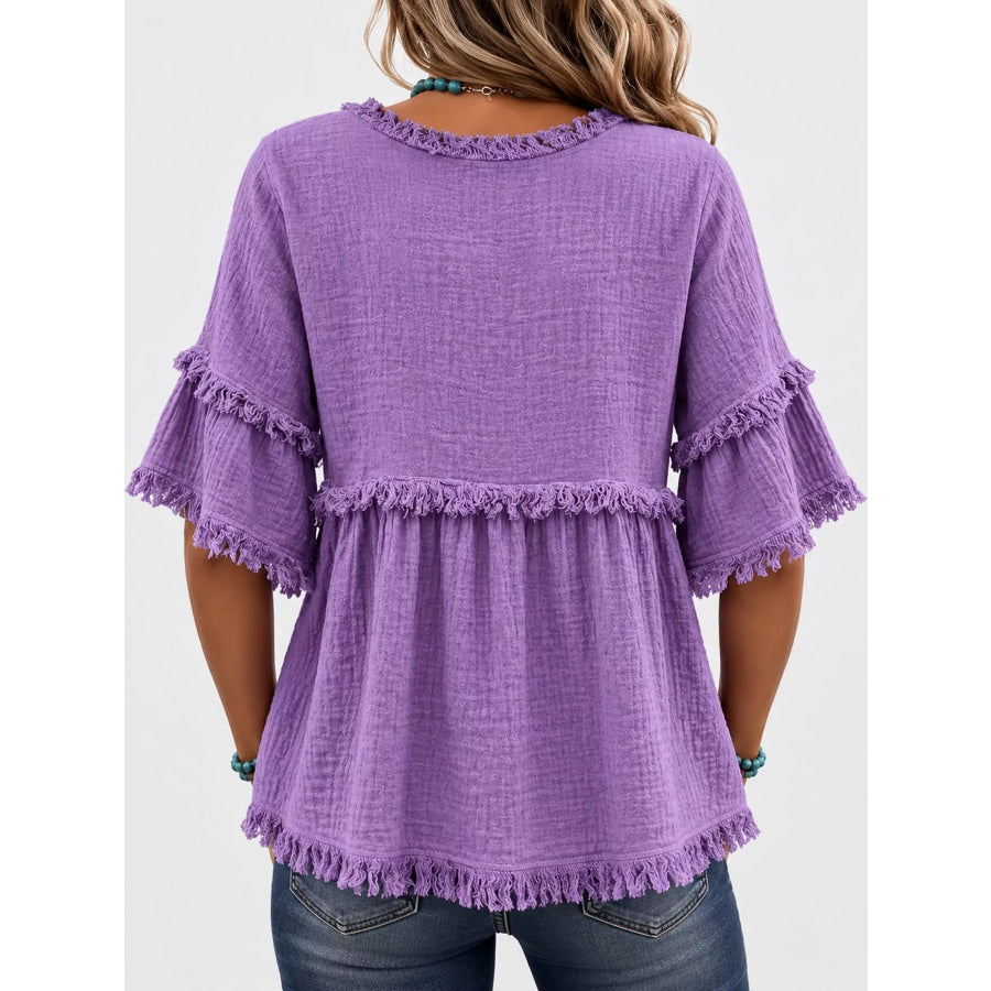 Full Size Frayed Edge Textured Blouse Plus Apparel and Accessories