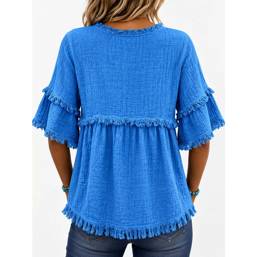 Full Size Frayed Edge Textured Blouse Plus Apparel and Accessories