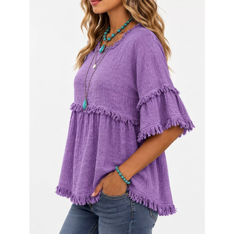 Full Size Frayed Edge Textured Blouse Plus Apparel and Accessories