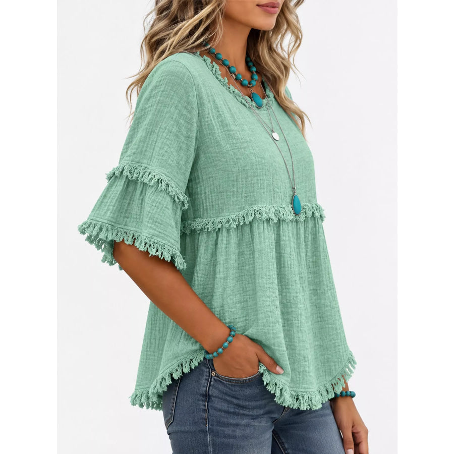 Full Size Frayed Edge Textured Blouse Plus Apparel and Accessories