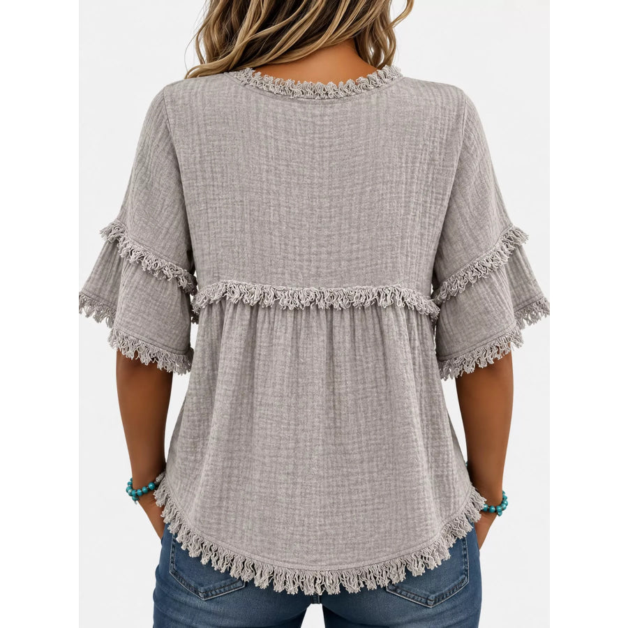 Full Size Frayed Edge Textured Blouse Plus Apparel and Accessories