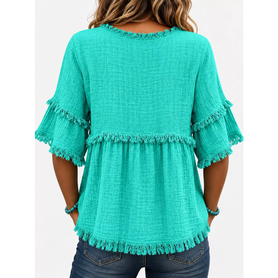 Full Size Frayed Edge Textured Blouse Plus Apparel and Accessories