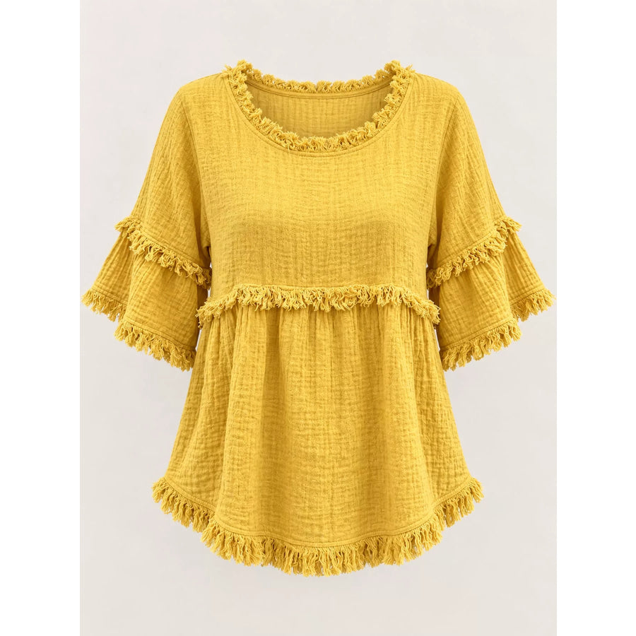 Full Size Frayed Edge Textured Blouse Plus Apparel and Accessories