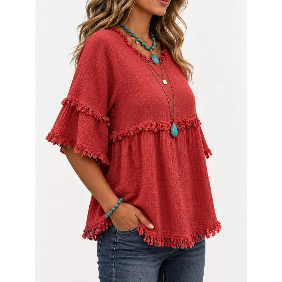 Full Size Frayed Edge Textured Blouse Plus Apparel and Accessories