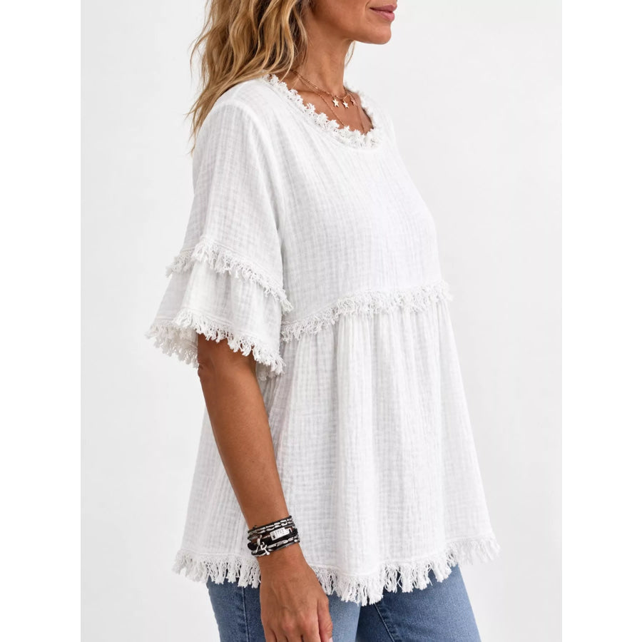 Full Size Frayed Edge Textured Blouse Plus Apparel and Accessories