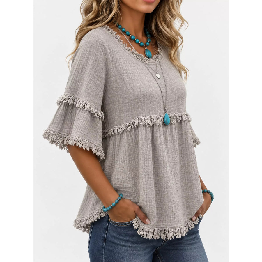Full Size Frayed Edge Textured Blouse Plus Apparel and Accessories