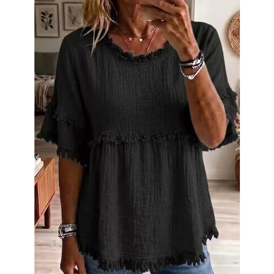 Full Size Frayed Edge Textured Blouse Plus Black / S Apparel and Accessories