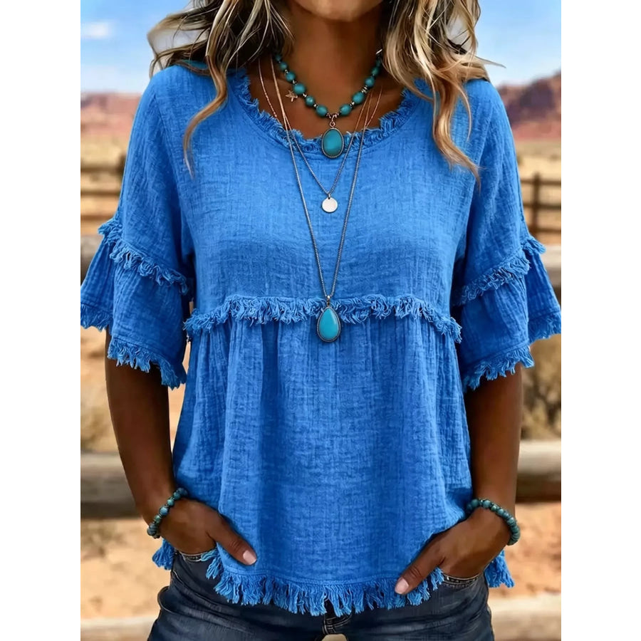 Full Size Frayed Edge Textured Blouse Plus Blue / S Apparel and Accessories