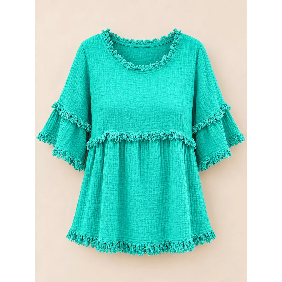 Full Size Frayed Edge Textured Blouse Plus Emerald Green / S Apparel and Accessories