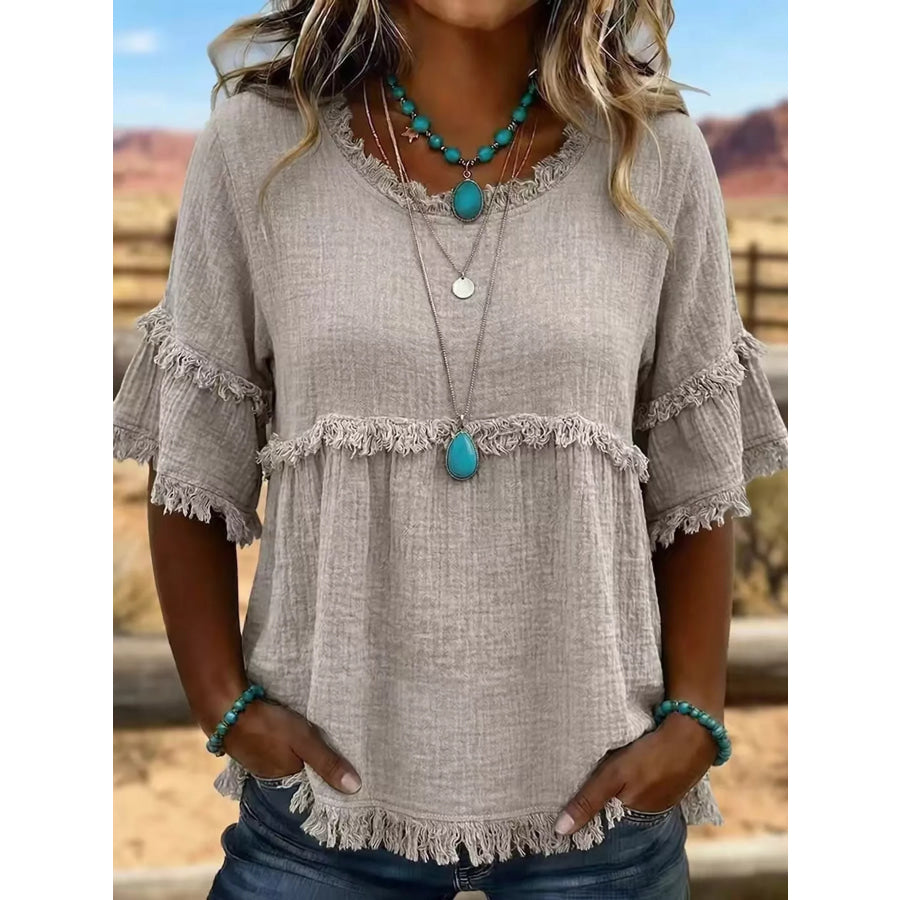 Full Size Frayed Edge Textured Blouse Plus Gray / S Apparel and Accessories