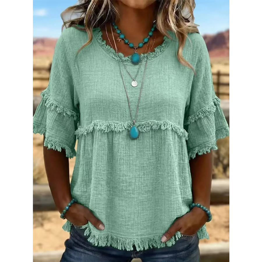 Full Size Frayed Edge Textured Blouse Plus Green / S Apparel and Accessories