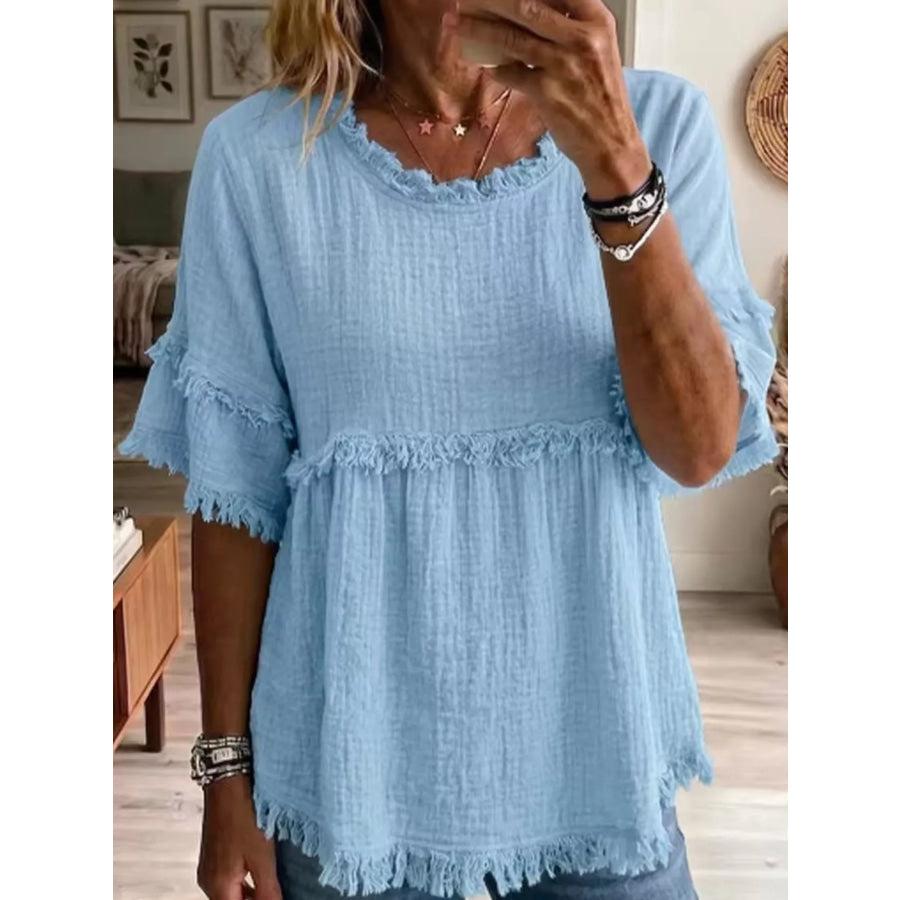 Full Size Frayed Edge Textured Blouse Plus Light Blue / S Apparel and Accessories