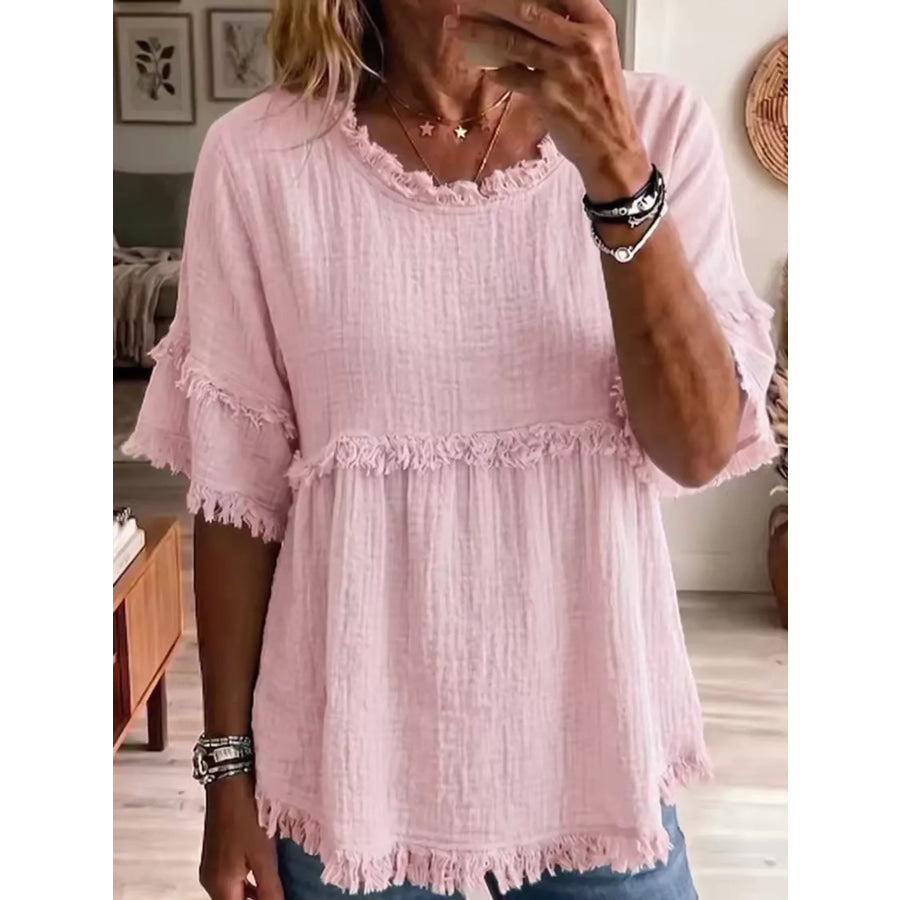 Full Size Frayed Edge Textured Blouse Plus Pink / S Apparel and Accessories