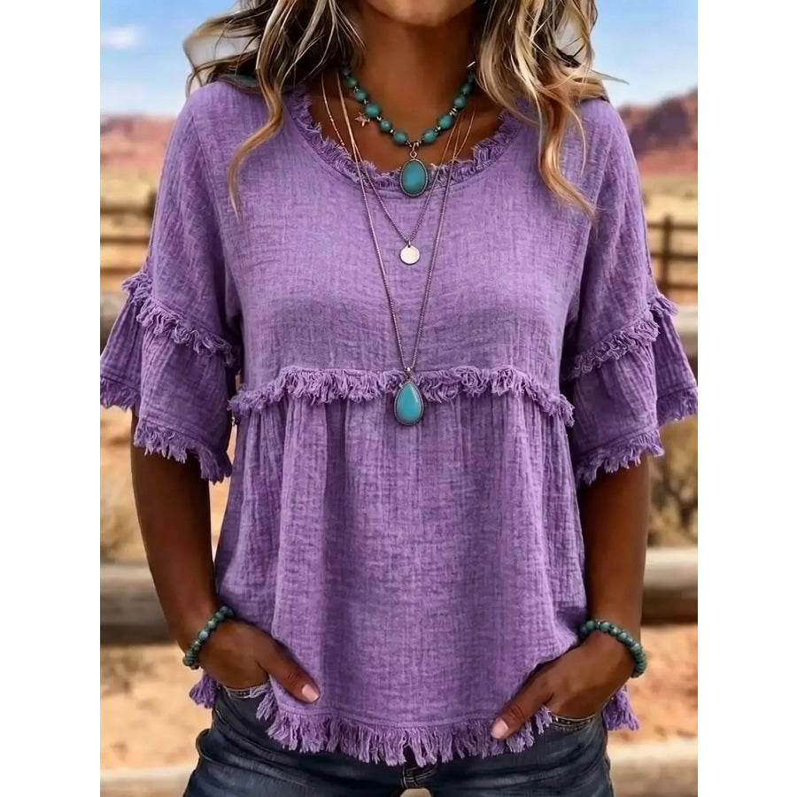 Full Size Frayed Edge Textured Blouse Plus Purple / S Apparel and Accessories
