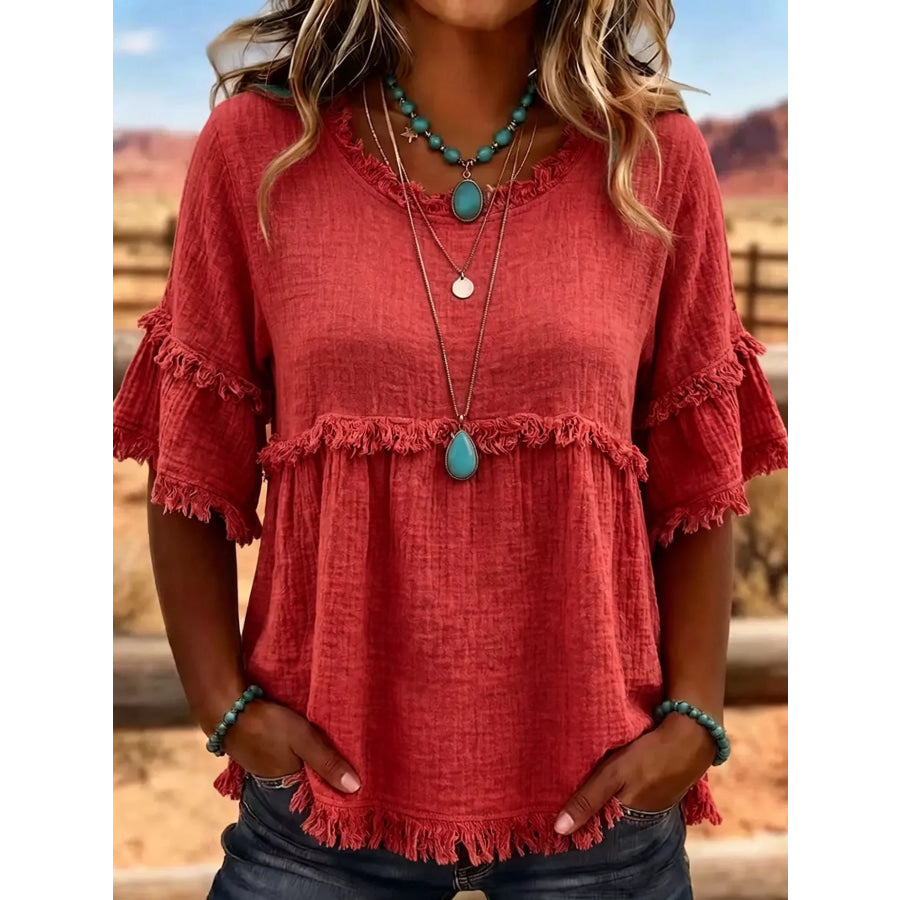 Full Size Frayed Edge Textured Blouse Plus Red / S Apparel and Accessories