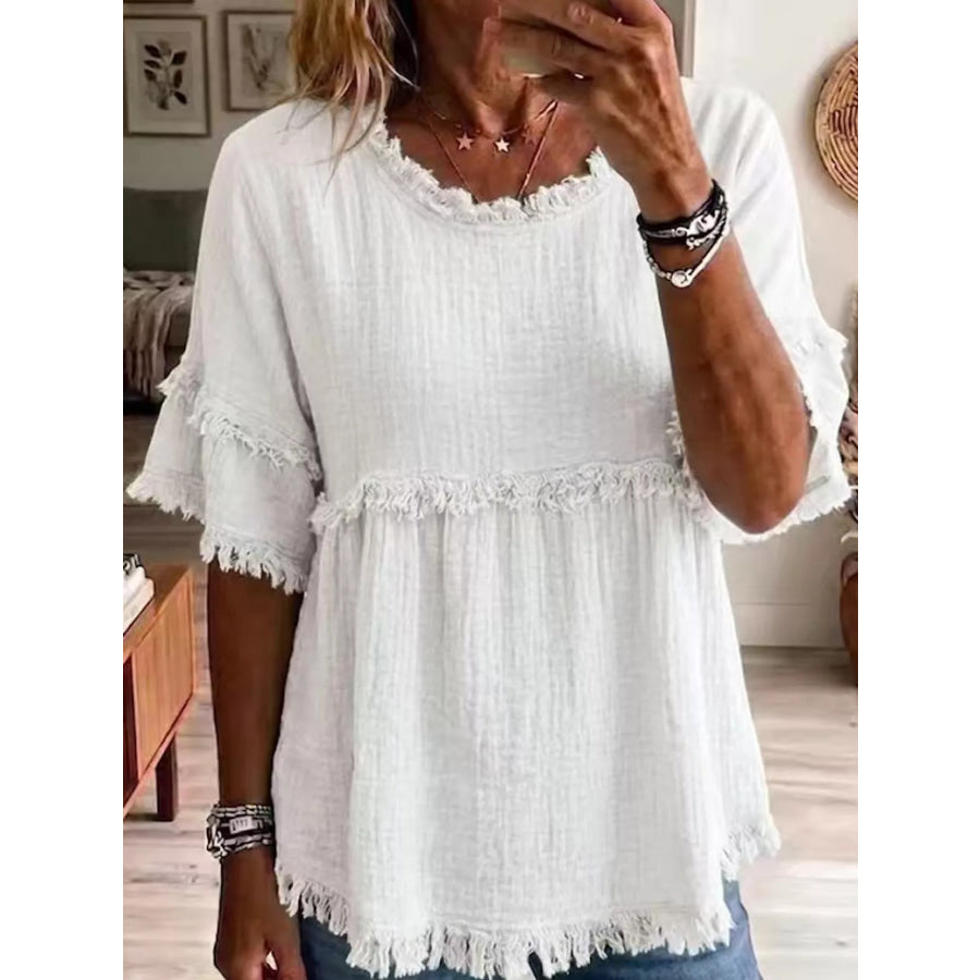 Full Size Frayed Edge Textured Blouse Plus White / S Apparel and Accessories