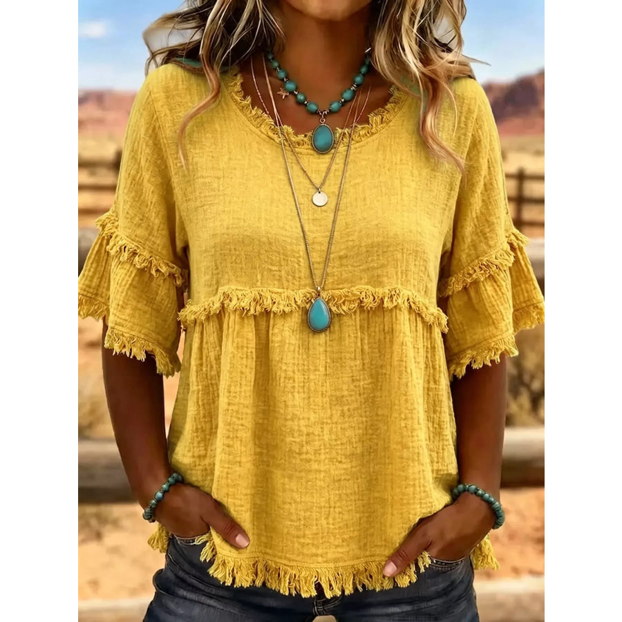 Full Size Frayed Edge Textured Blouse Plus Yellow / S Apparel and Accessories