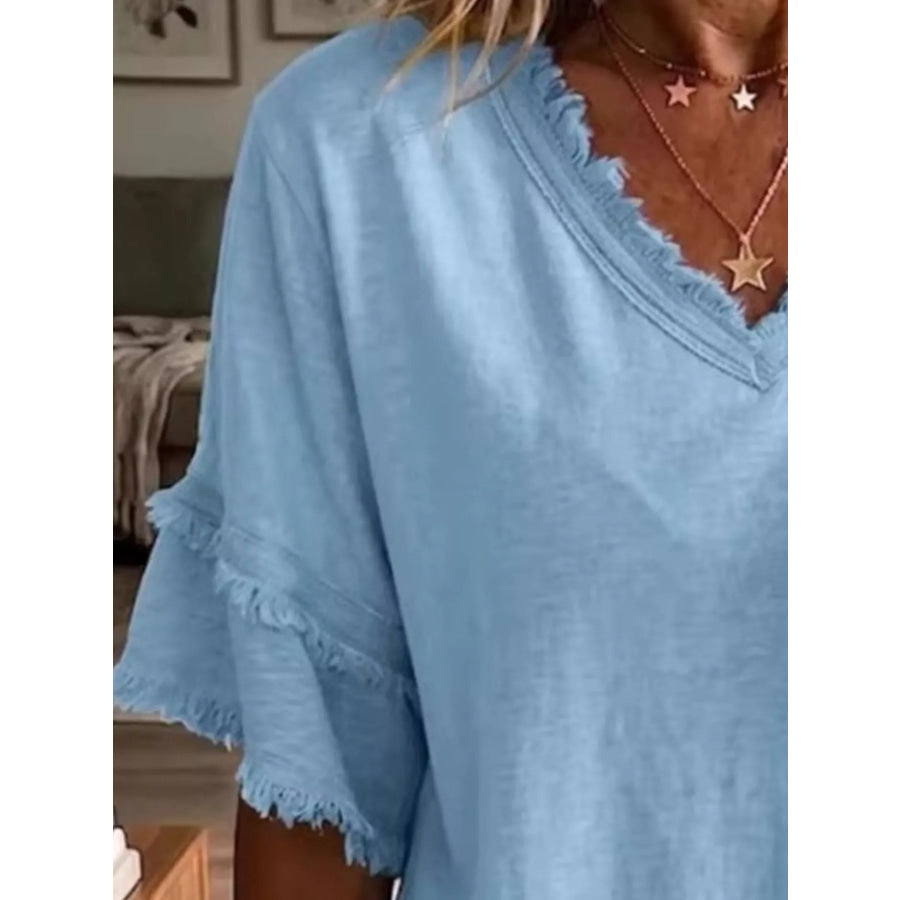 Full Size Frayed Edge V-Neck Blouse Plus Apparel and Accessories