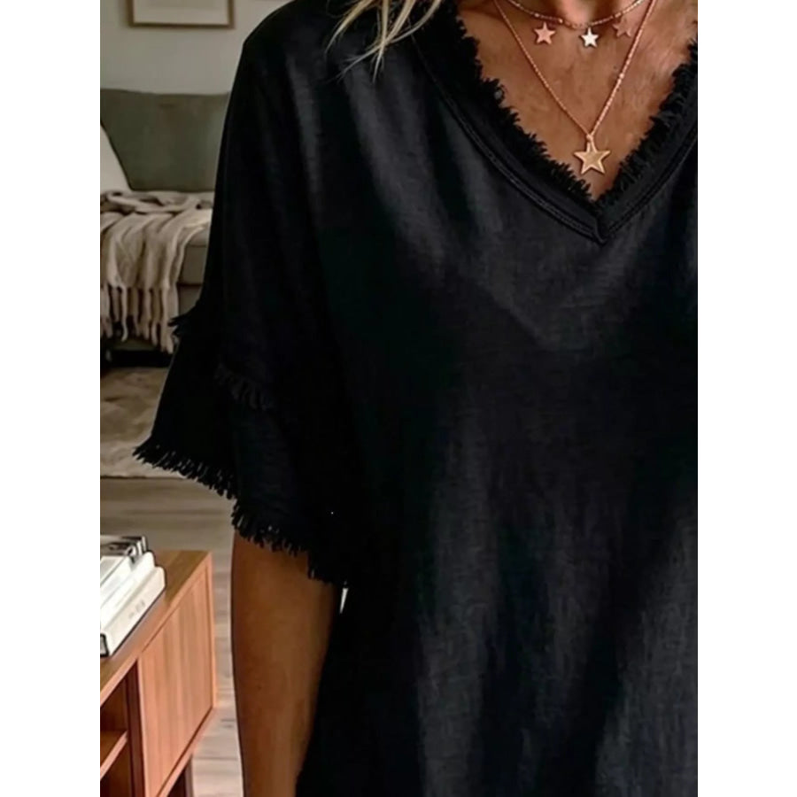 Full Size Frayed Edge V-Neck Blouse Plus Apparel and Accessories