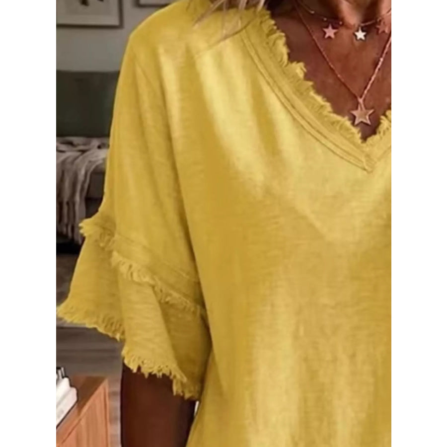 Full Size Frayed Edge V-Neck Blouse Plus Apparel and Accessories