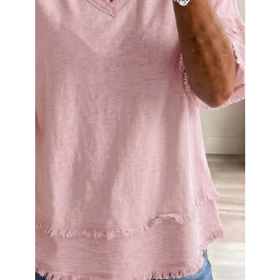 Full Size Frayed Edge V-Neck Blouse Plus Apparel and Accessories