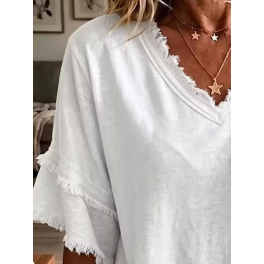 Full Size Frayed Edge V-Neck Blouse Plus Apparel and Accessories