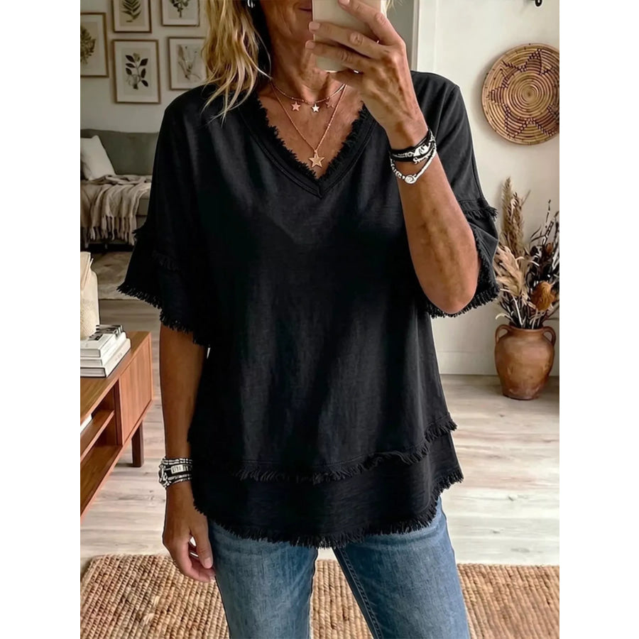 Full Size Frayed Edge V-Neck Blouse Plus Black / S Apparel and Accessories