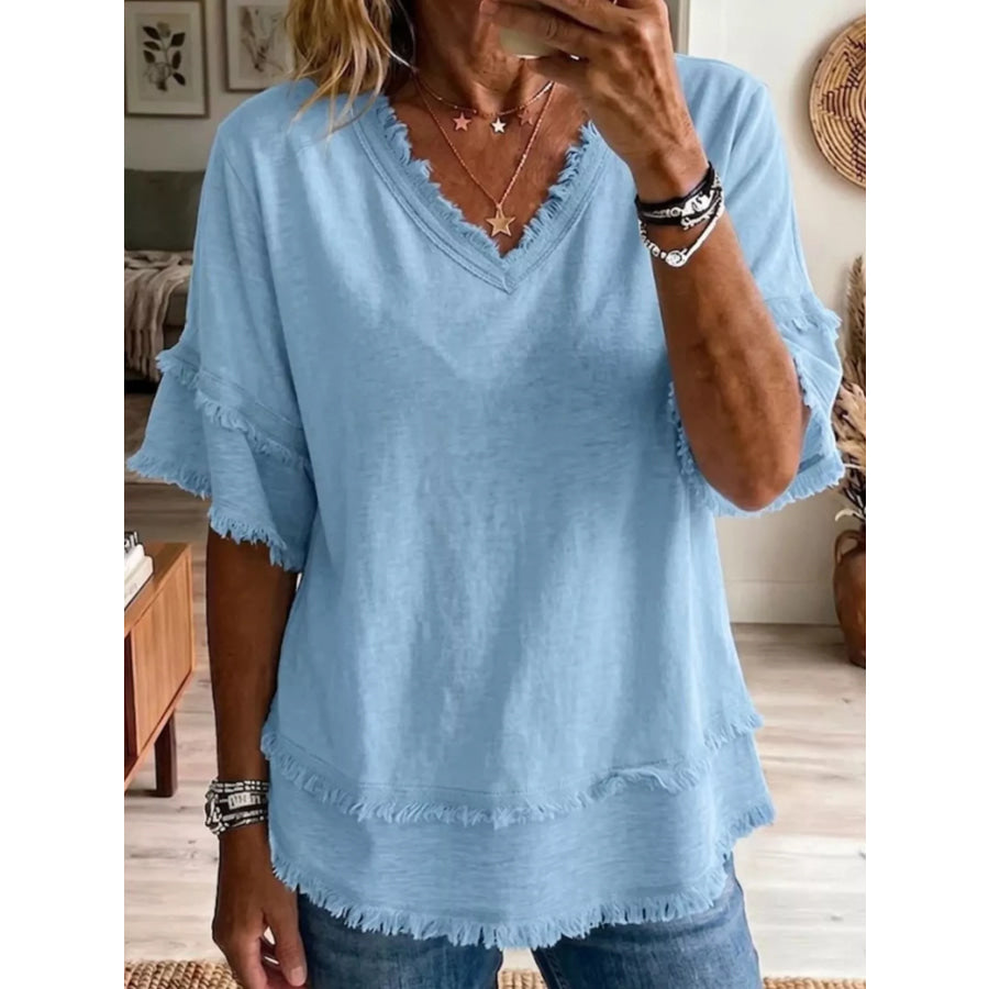 Full Size Frayed Edge V-Neck Blouse Plus Light Blue / S Apparel and Accessories