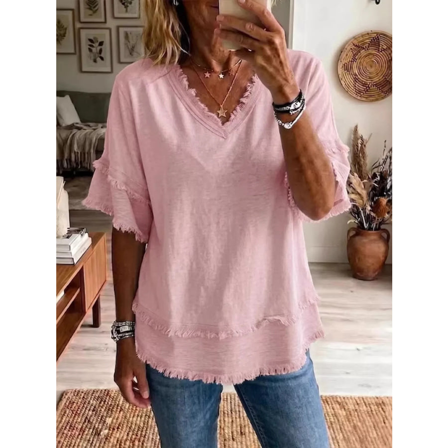 Full Size Frayed Edge V-Neck Blouse Plus Pink / S Apparel and Accessories