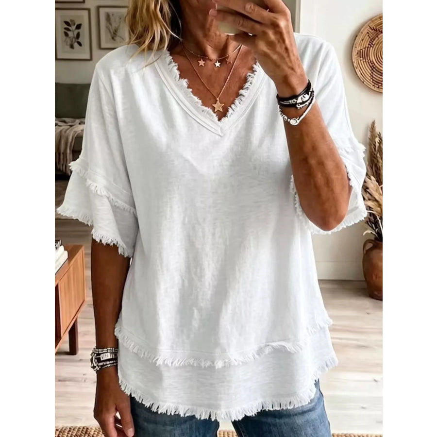 Full Size Frayed Edge V-Neck Blouse Plus White / S Apparel and Accessories