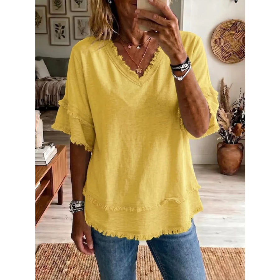 Full Size Frayed Edge V-Neck Blouse Plus Yellow / S Apparel and Accessories