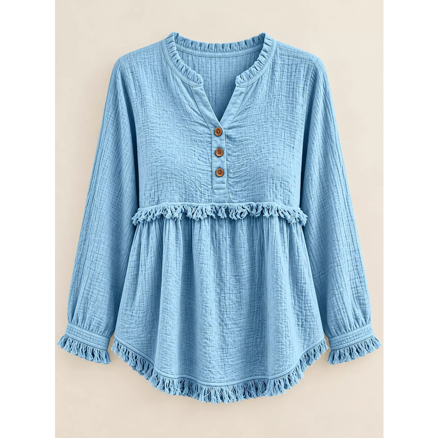 Full Size Frayed Hem Button Detail Blouse Plus Apparel and Accessories