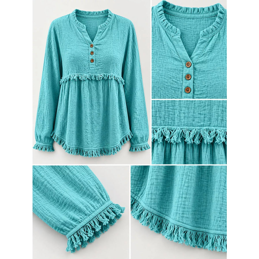 Full Size Frayed Hem Button Detail Blouse Plus Apparel and Accessories