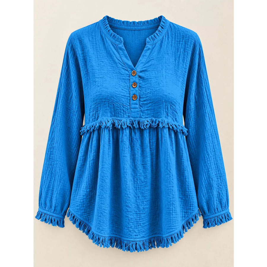 Full Size Frayed Hem Button Detail Blouse Plus Apparel and Accessories